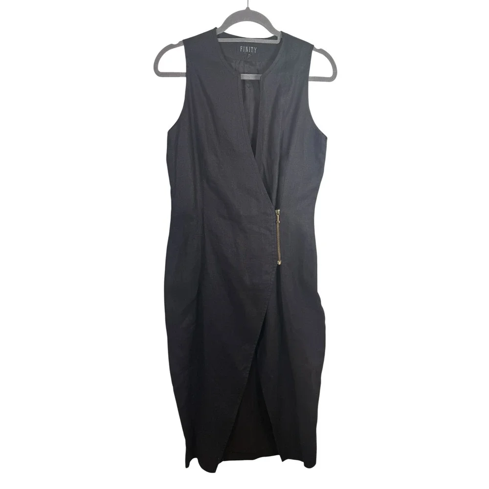Finity 100% Linen Lined Sleeveless Black Dress Vintage - Picture 1 of 7